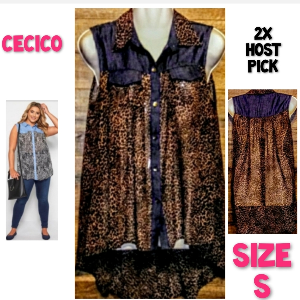 Cecico Top High Low Denim Animal Print Combo Size Small NWOT